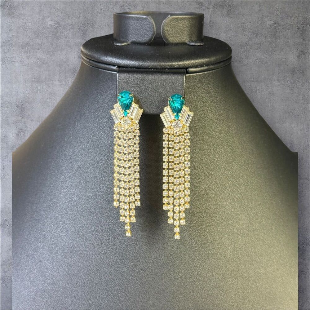 311. Vintage Rhinestone Dangle Earrings Clear Teal Gold Tone Wedding